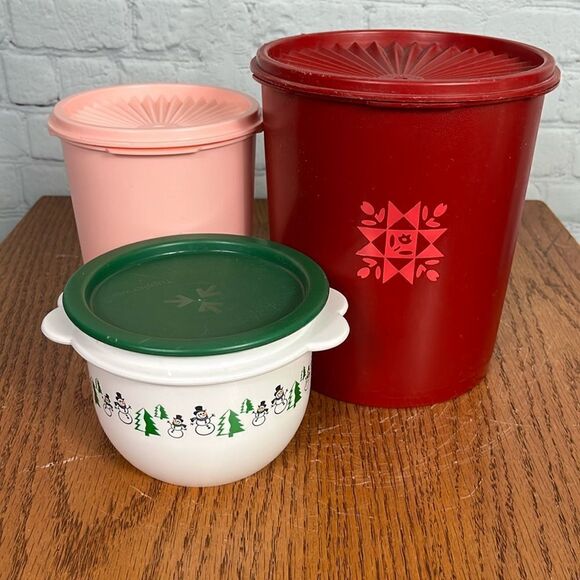 Tupperware set of 3 Tulip, snowman & peachy/pink cannisters. - Picture 1 of 7